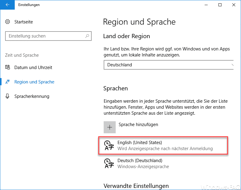 Wird Anzeigesprache nach nächster Anmeldung