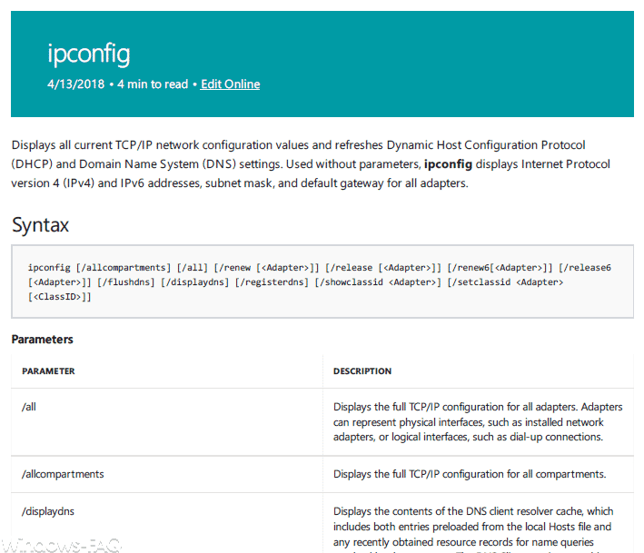 ipconfig Befehl incl Parameter