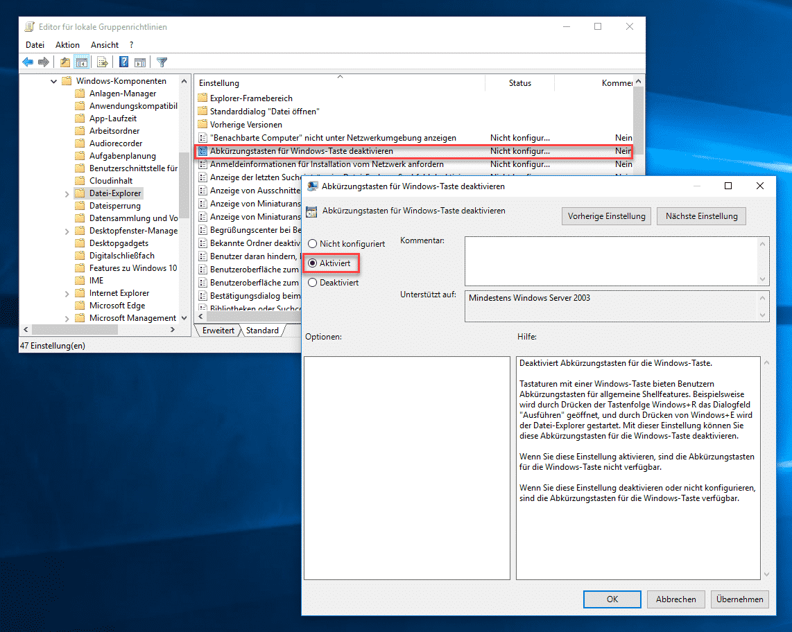 Abkürzungstasten für Windows-Taste deaktivieren