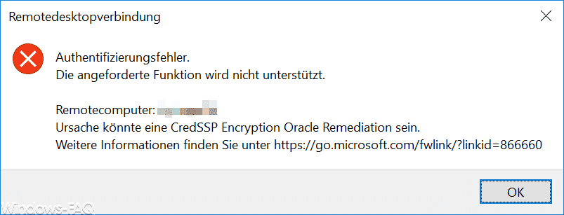 Authentifizierungsfehler – Ursache könnte eine CredSSP Encryption Oracle Remediation sein