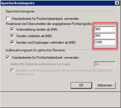 Exchange Kontingente (Quota) Einstellungen per PowerShell abfragen