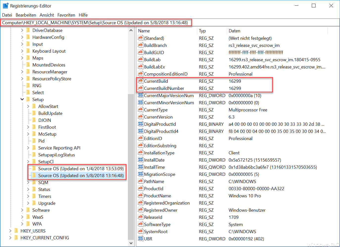 Installierte Feature Updates Registry