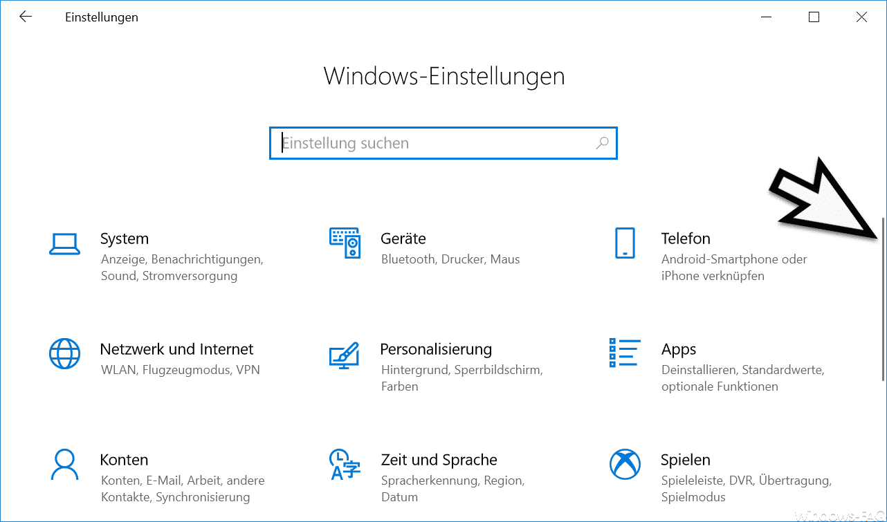 Windows Einstellungen mit kleiner Bildlaufleiste