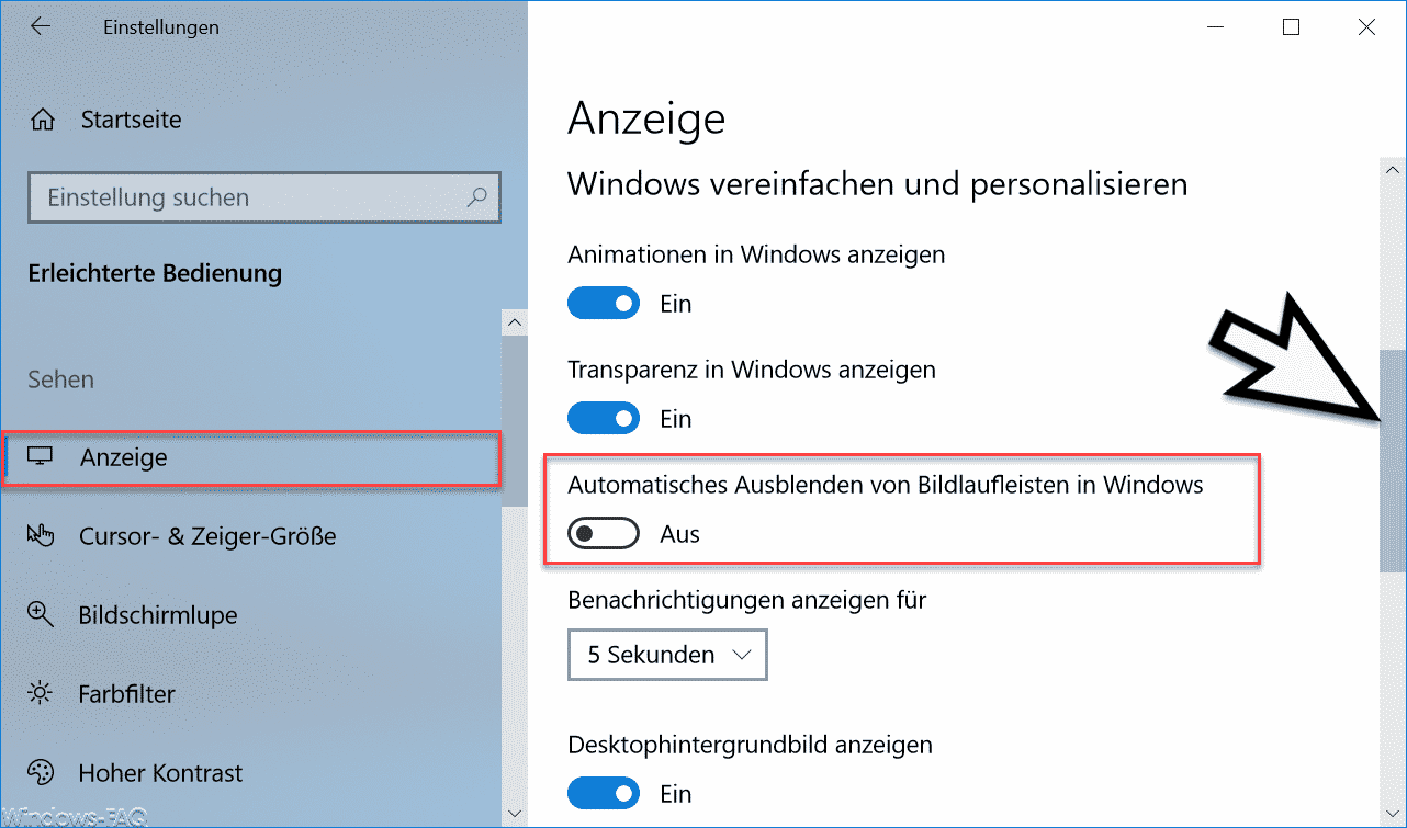 Windows 10 Bildlaufleiste am rechten Rand einblenden oder ausblenden