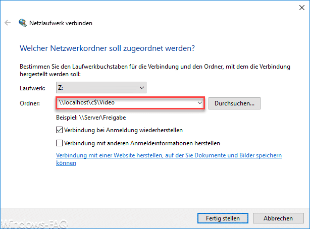 Lokalen Ordner als Netzwerklaufwerk verbinden