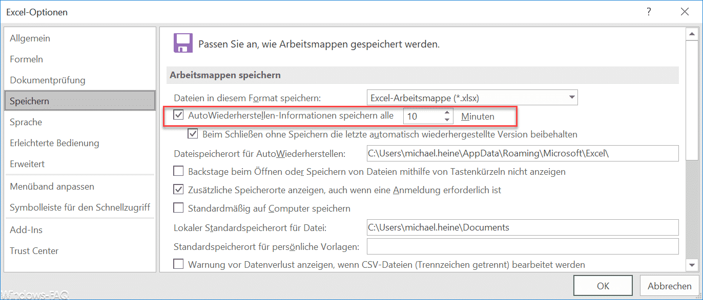 AutoWiederherstellen-Informationen speichern alle Minuten