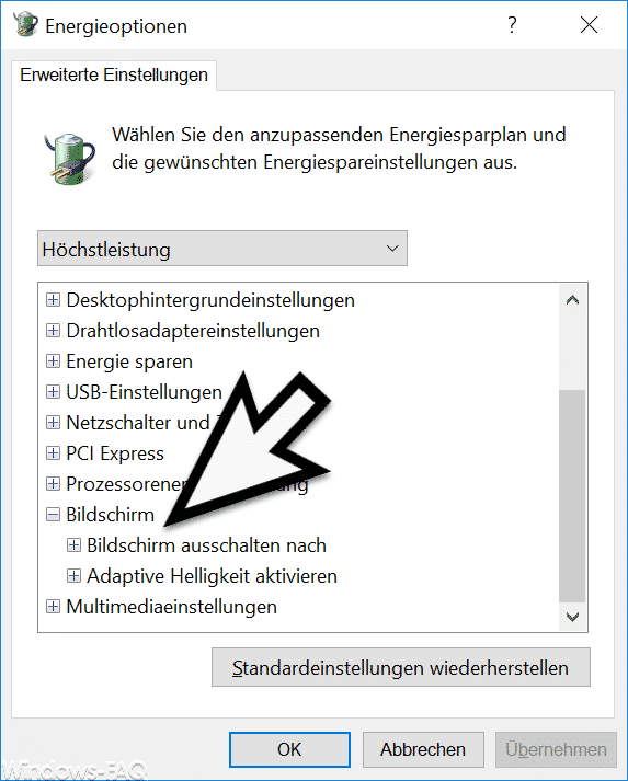 Energieoptionen Erweiterte Einstellungen