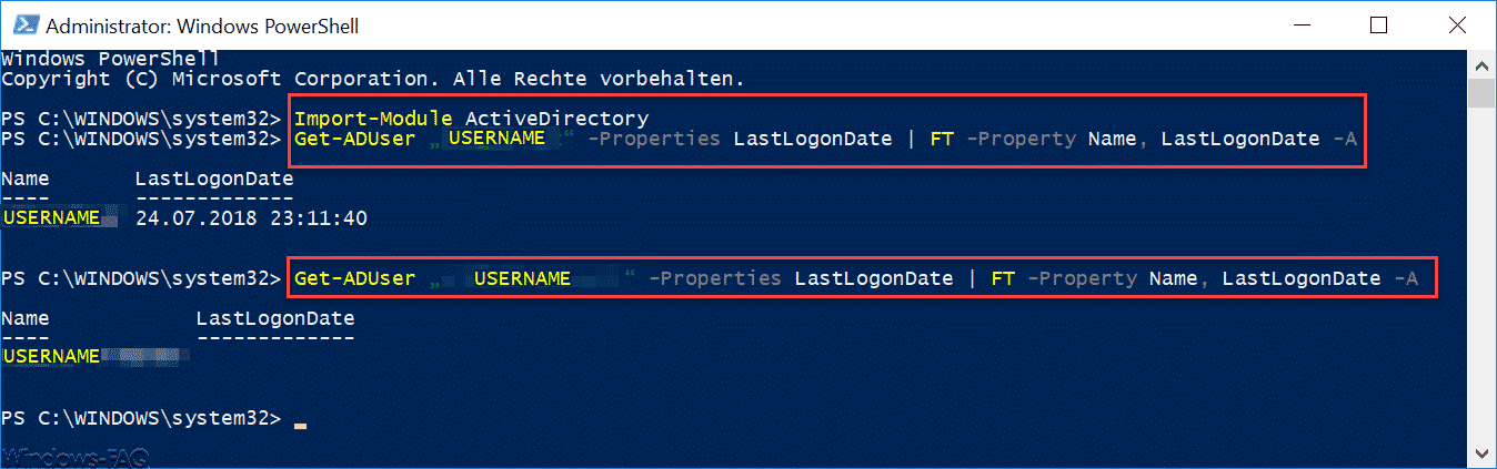 LastLogon (Letzter Login) eines Users im AD feststellen per Get-ADUser