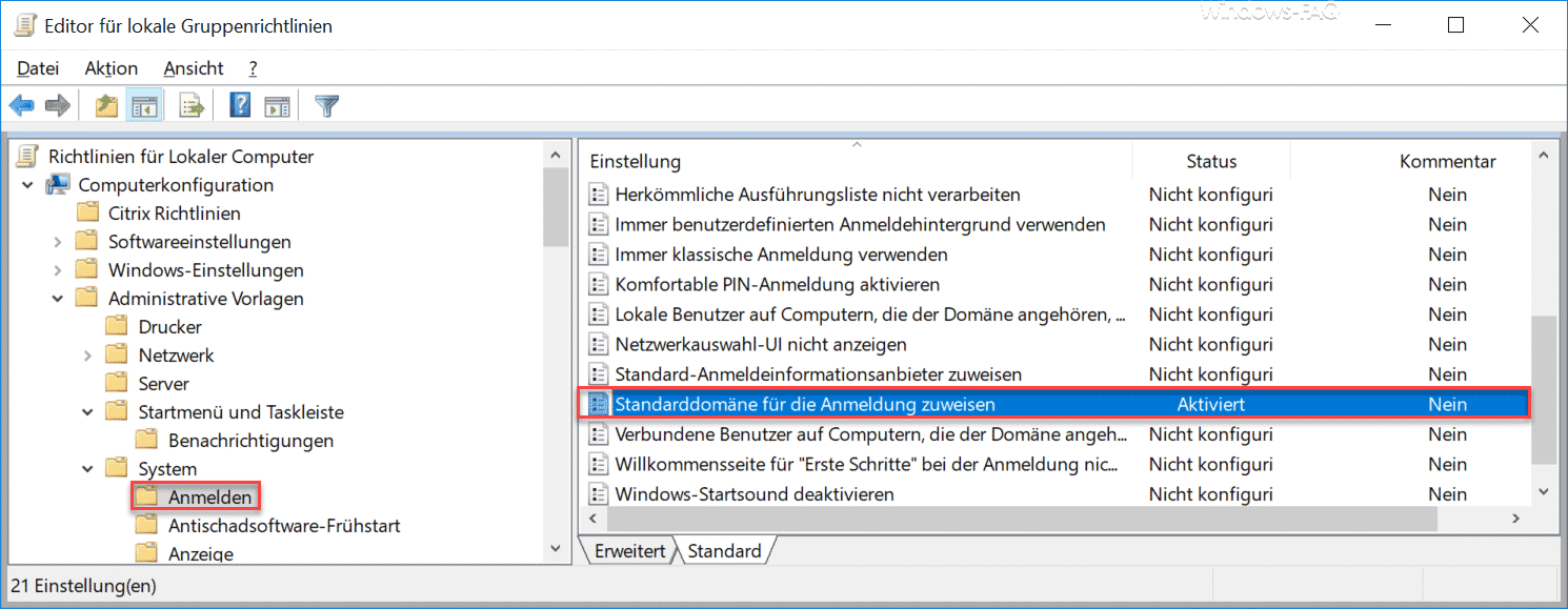 Standarddomäne für die Anmeldung zuweisen
