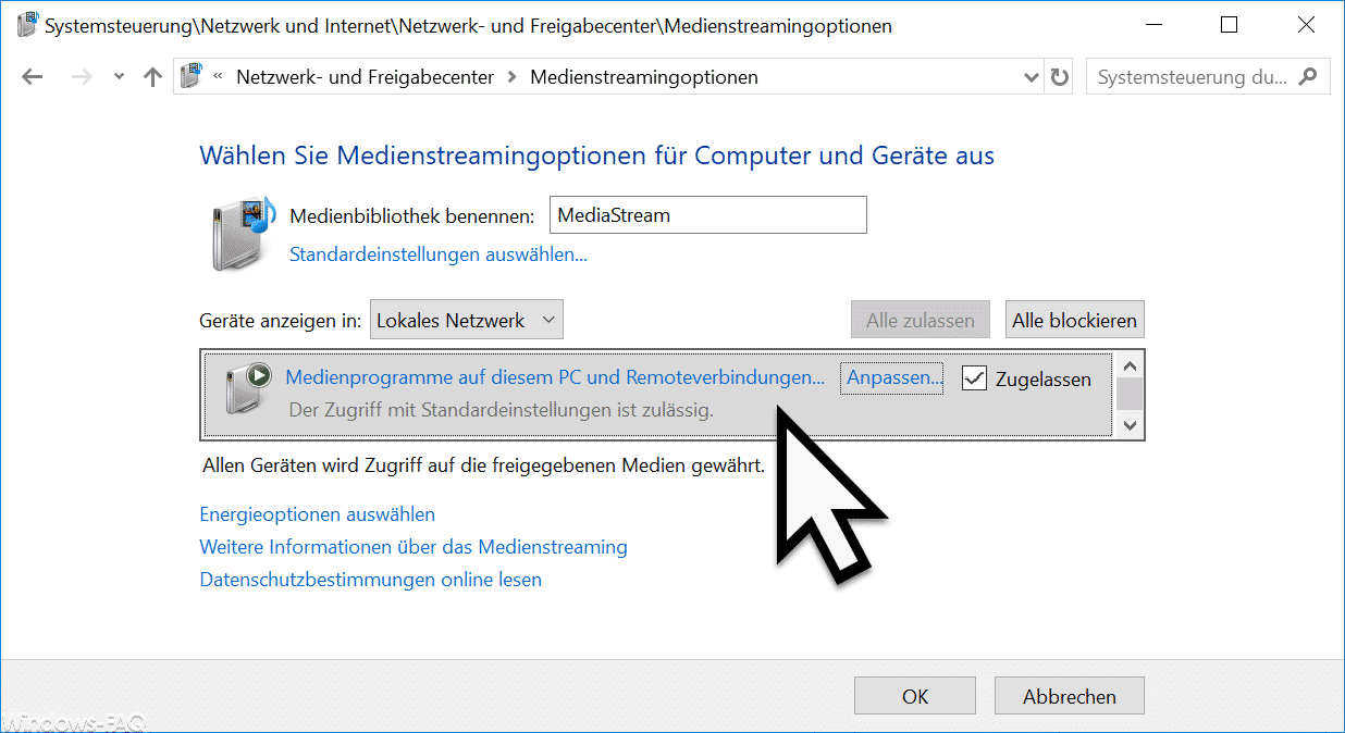 Wählen Sie Medienstreamingoptionen für Computer und Geräte aus