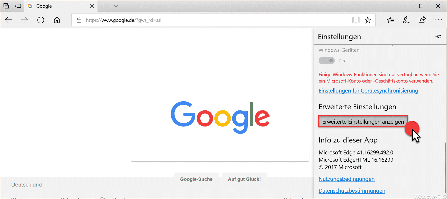 Edge Browser Erweiterte Einstellungen anzeigen