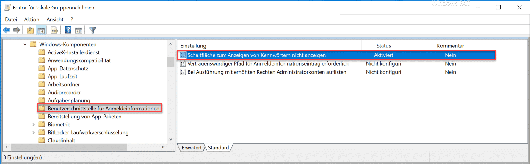 Schaltfläche zum Anzeigen von Kennwörtern nicht anzeigen