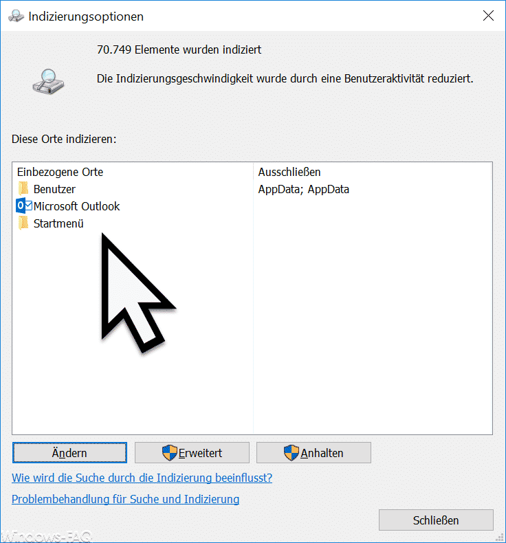 Windows Indizierungsoptionen