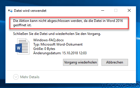 Die Aktion kann nicht abgeschlossen werden, da die Datei geöffnet ist.
