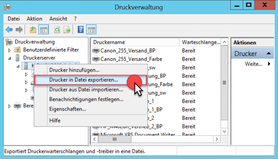Druckverwaltung Drucker in Datei exportieren...