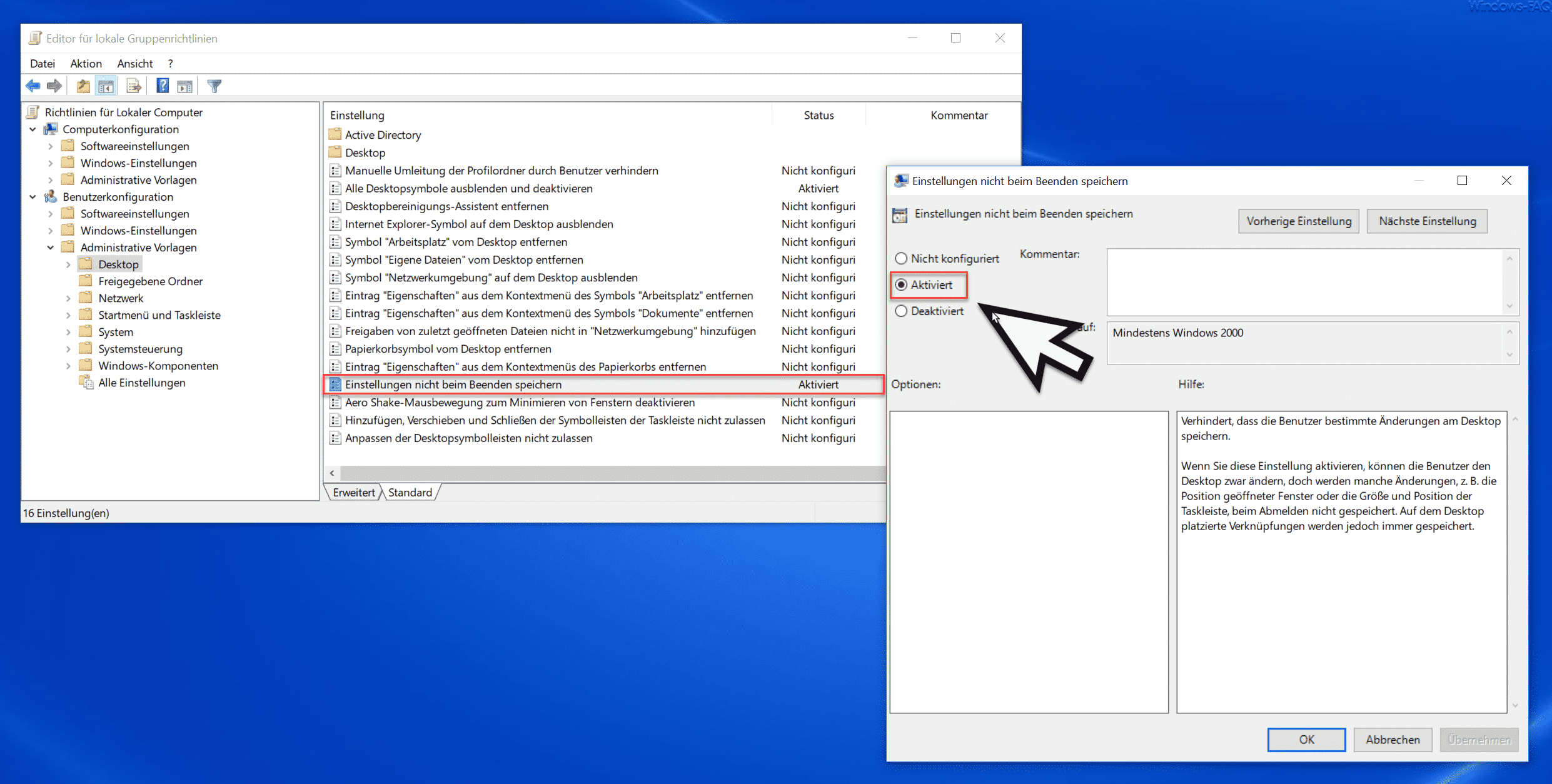 Änderungen des Windows Desktops nicht speichern