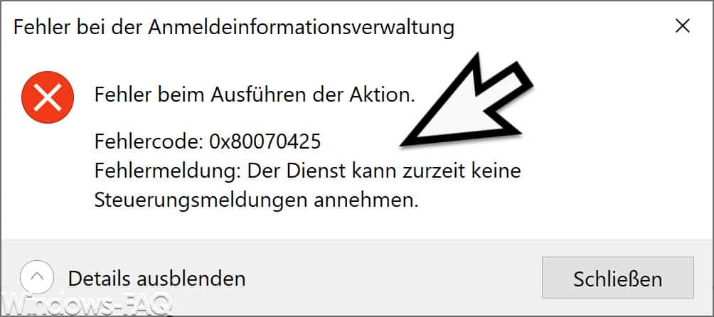 Fehler beim Ausführen der Aktion Fehlercode 0x80070425