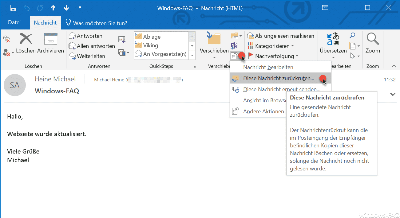 Outlook Nachricht zurückrufen
