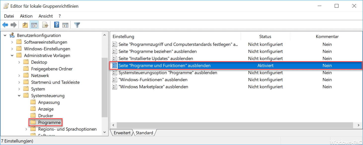 Seite Programme und Funktionen ausblenden