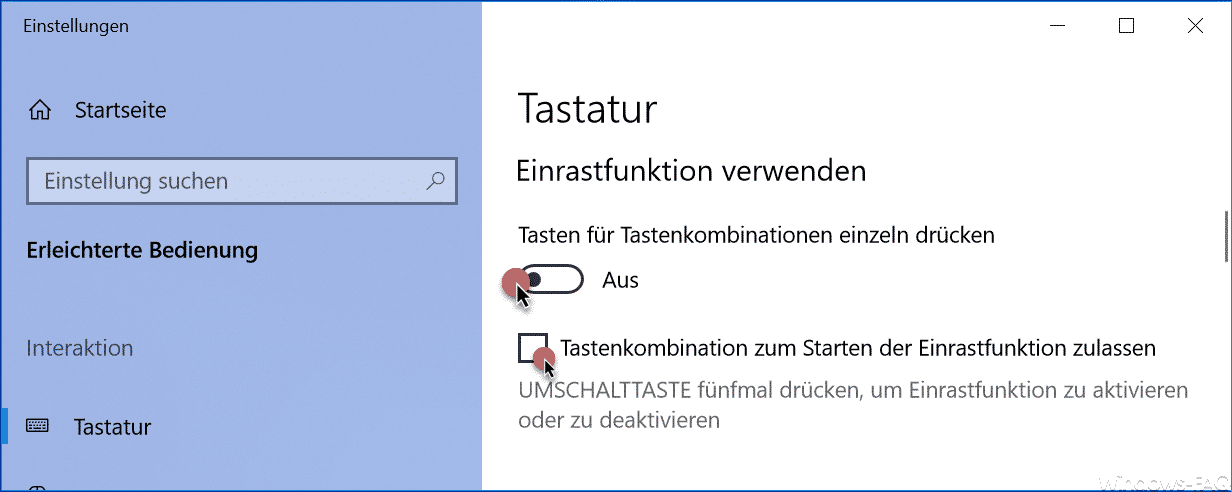 Tastenkombination zum Starten der Einrastfunktion zulassen