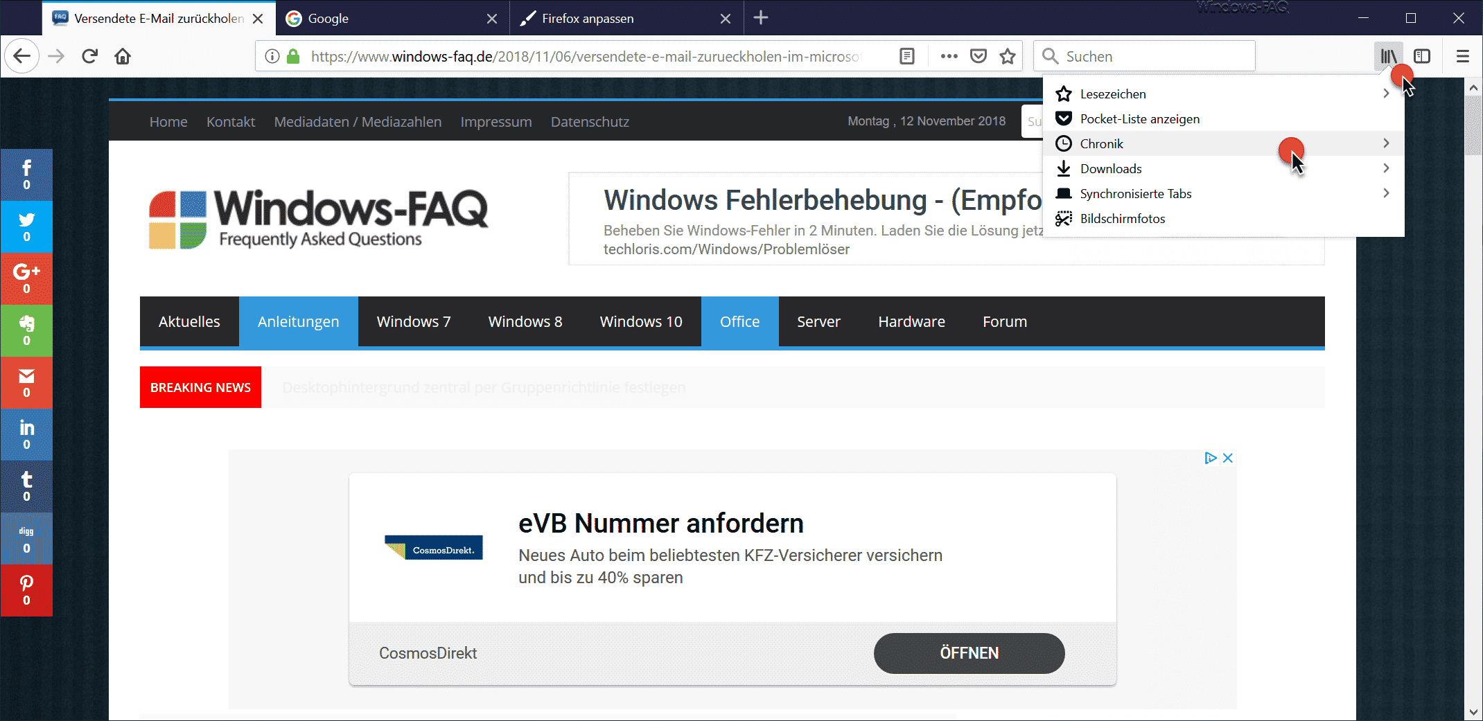 Firefox Chronik und Lesezeichen