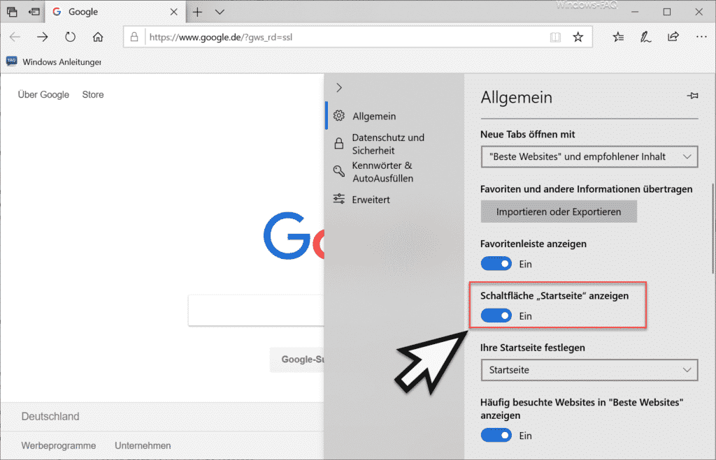 Schaltfläche Startseite anzeigen