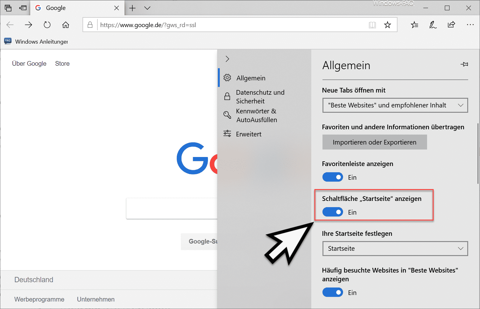 Home oder Startseiten-Symbol im Edge einblenden bzw. ausblenden