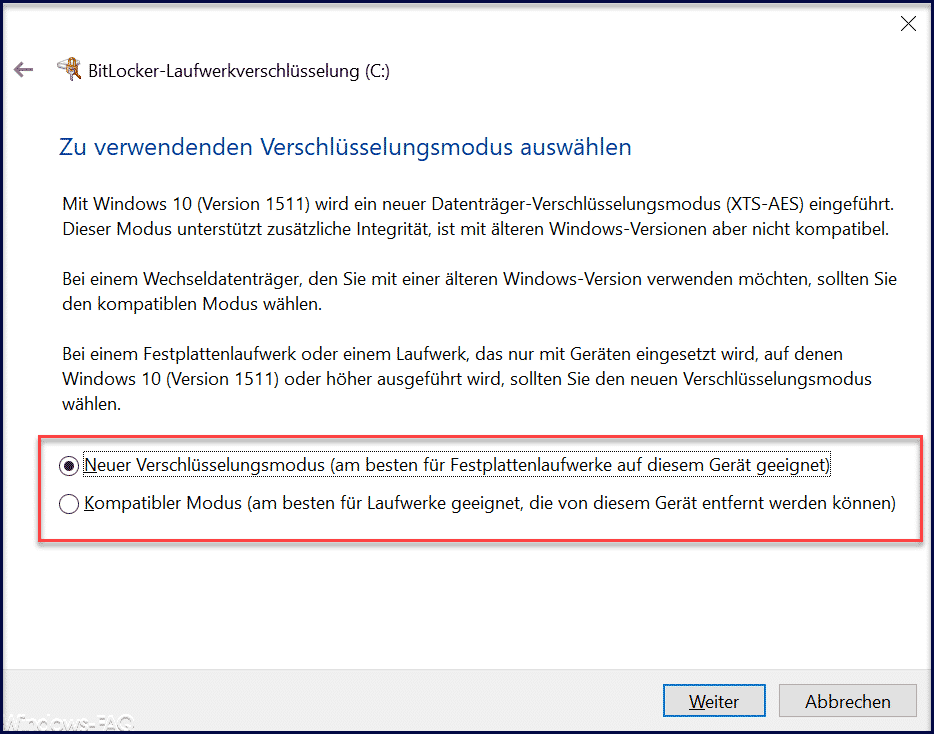 Zu verwendenden Verschlüsselungsmodus auswählen