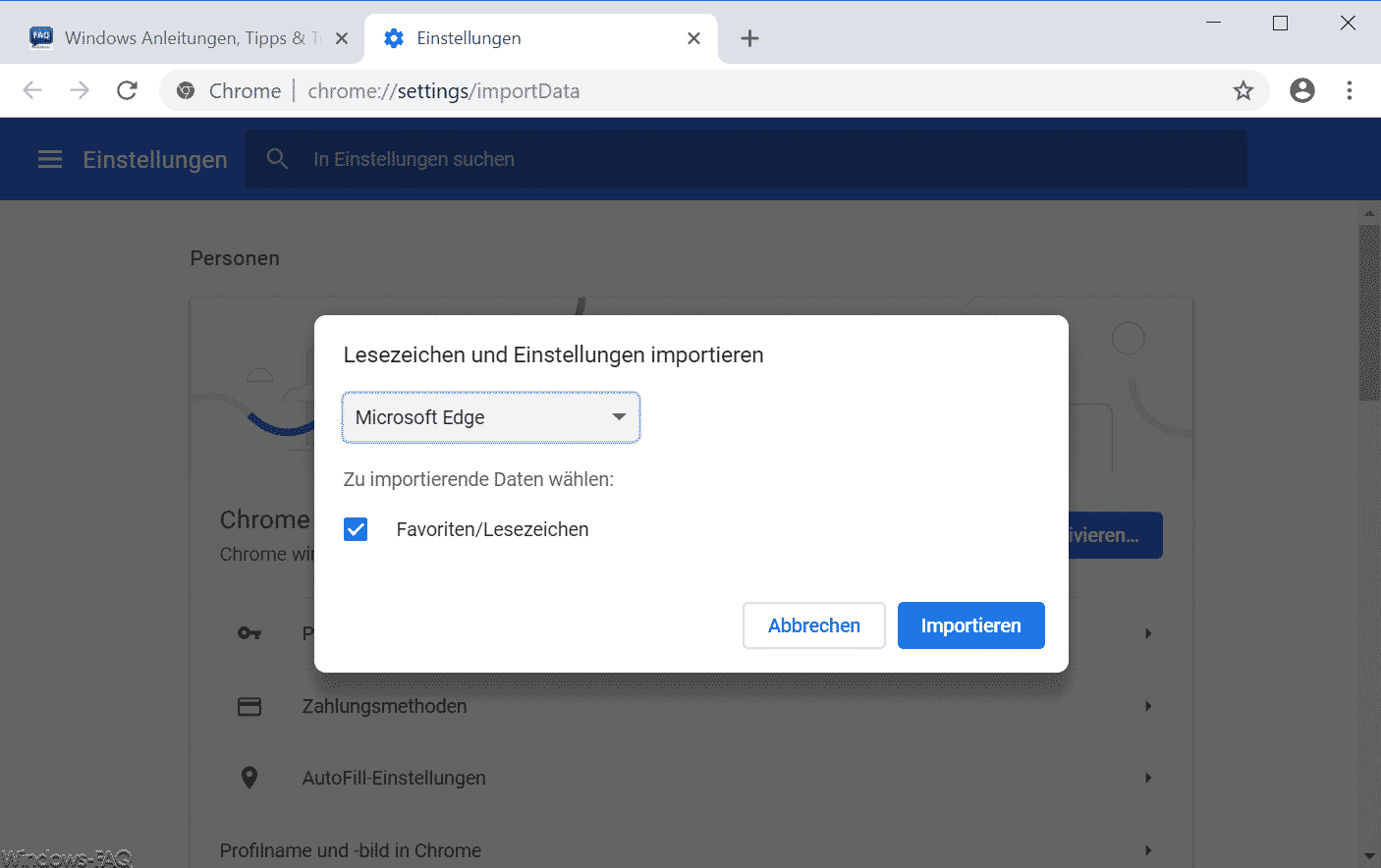 Chrome zu importierende Daten wählen