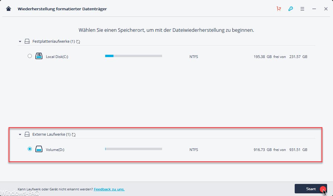 Formatiertes Laufwerk auswählen