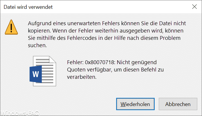 Fehler 0x80070718 – Nicht genügend Quoten verfügbar, um diesen Befehl zu verarbeiten