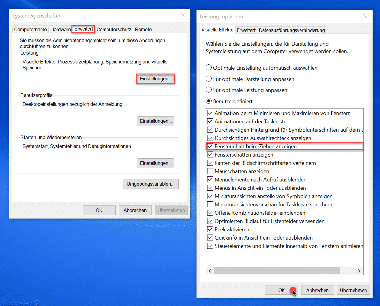 Fensterinhalt nicht anzeigen beim Verschieben von Windows Fenstern