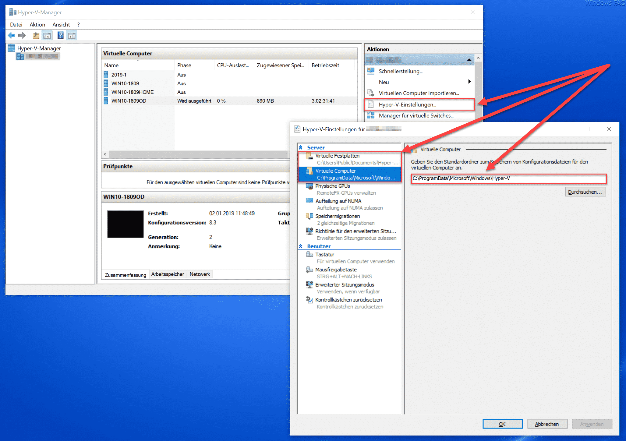 Hyper-V Standardordner für virtuelle Computer und Festplatten festlegen
