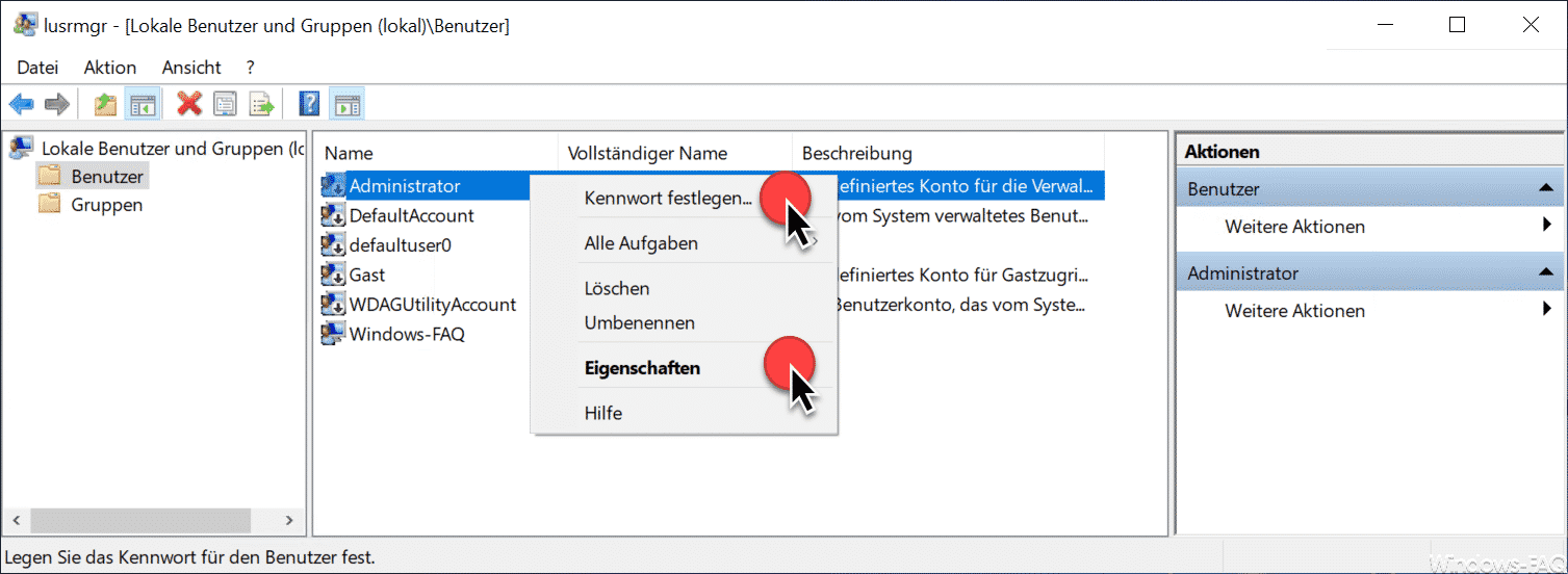 Kennwort festlegen und Eigenschaften