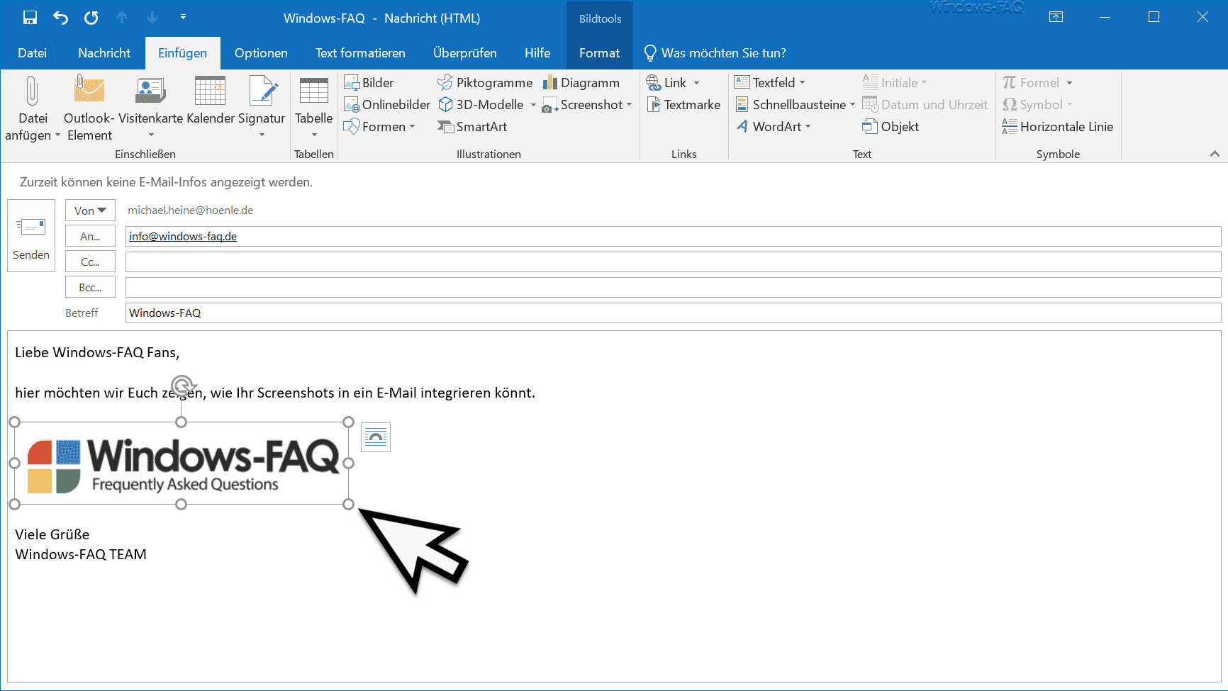 Outlook Bildschirmausschnitt eingefügt