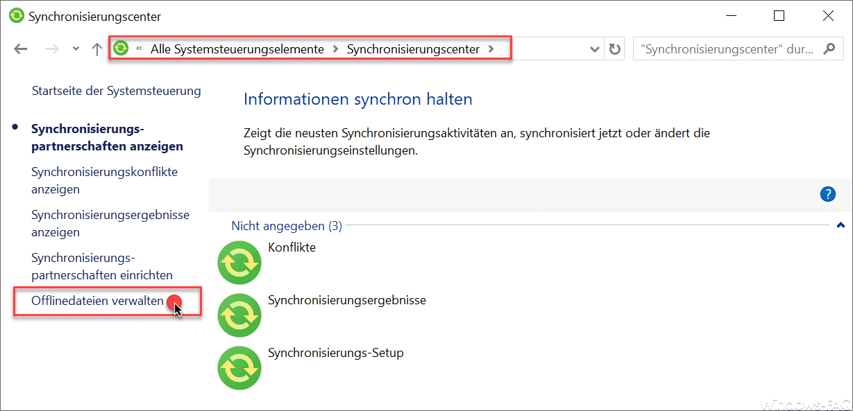 Synchronisierungscenter Offlinedateien verwalten