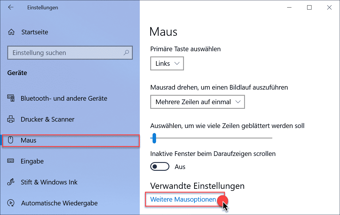Weitere Mausoptionen