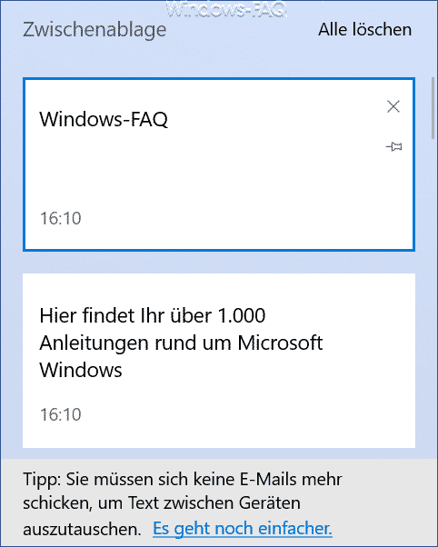 Inhalt der Windows Zwischenablage einsehen mit der Tastenkombination Windows-Taste + „V“