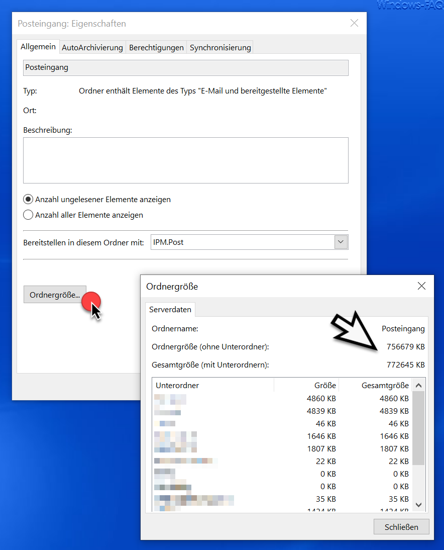 Im Outlook Größe des Postfaches oder einzelner Ordner feststellen