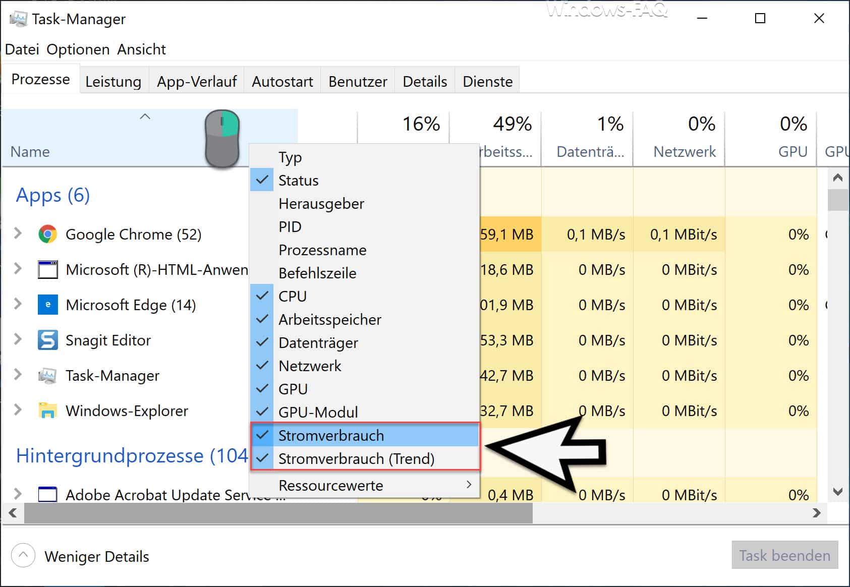 Im Windows Taskmanager den Stromverbrauch der Programme anzeigen lassen