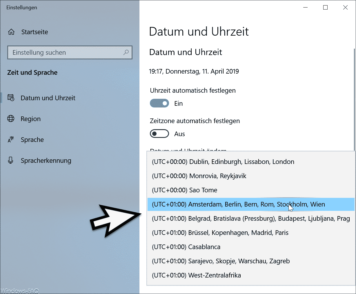 Zeitzone ändern bei Windows 10