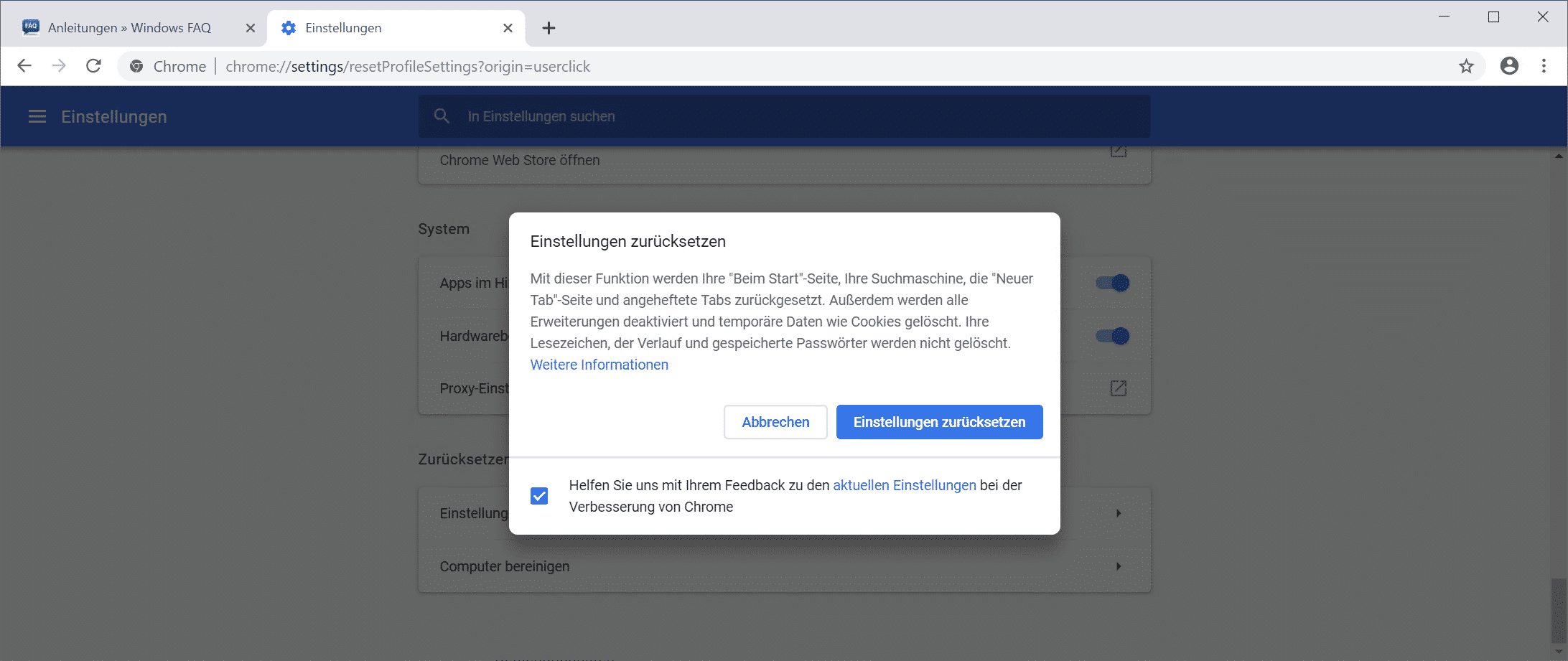 Bei Google Chrome alle Einstellungen löschen und auf die Standardwerte zurückstellen
