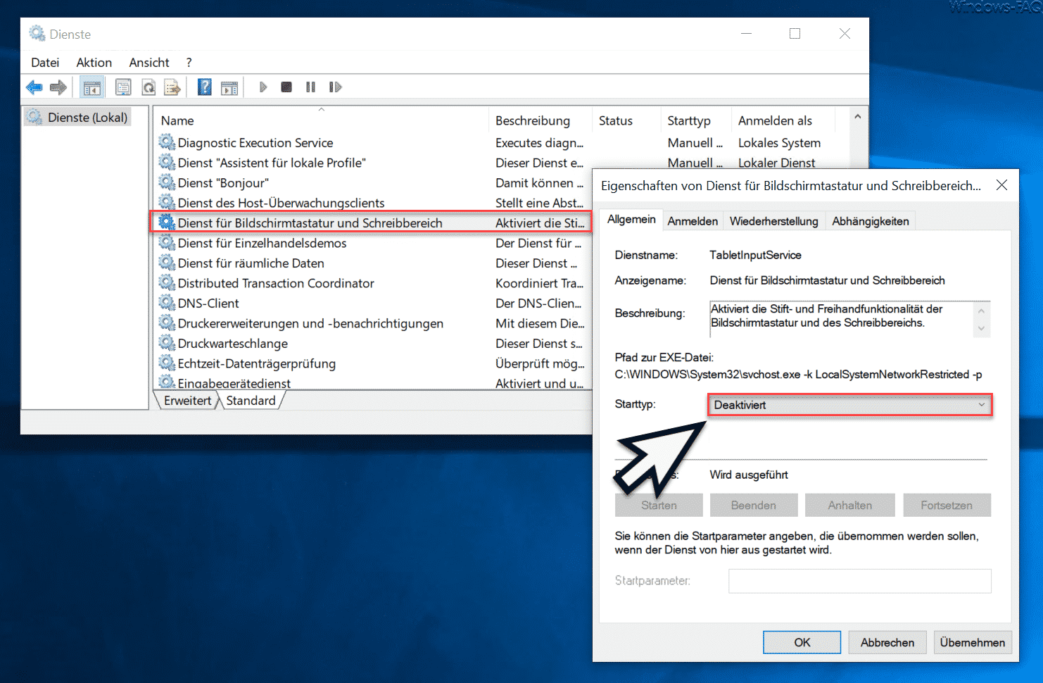 Dienst für Bildschirmtastatur und Schreibbereich deaktivieren (TabletInputService)