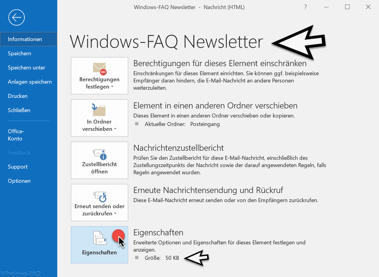 E-Mail Eigenschaften Outlook 2016 Office 365