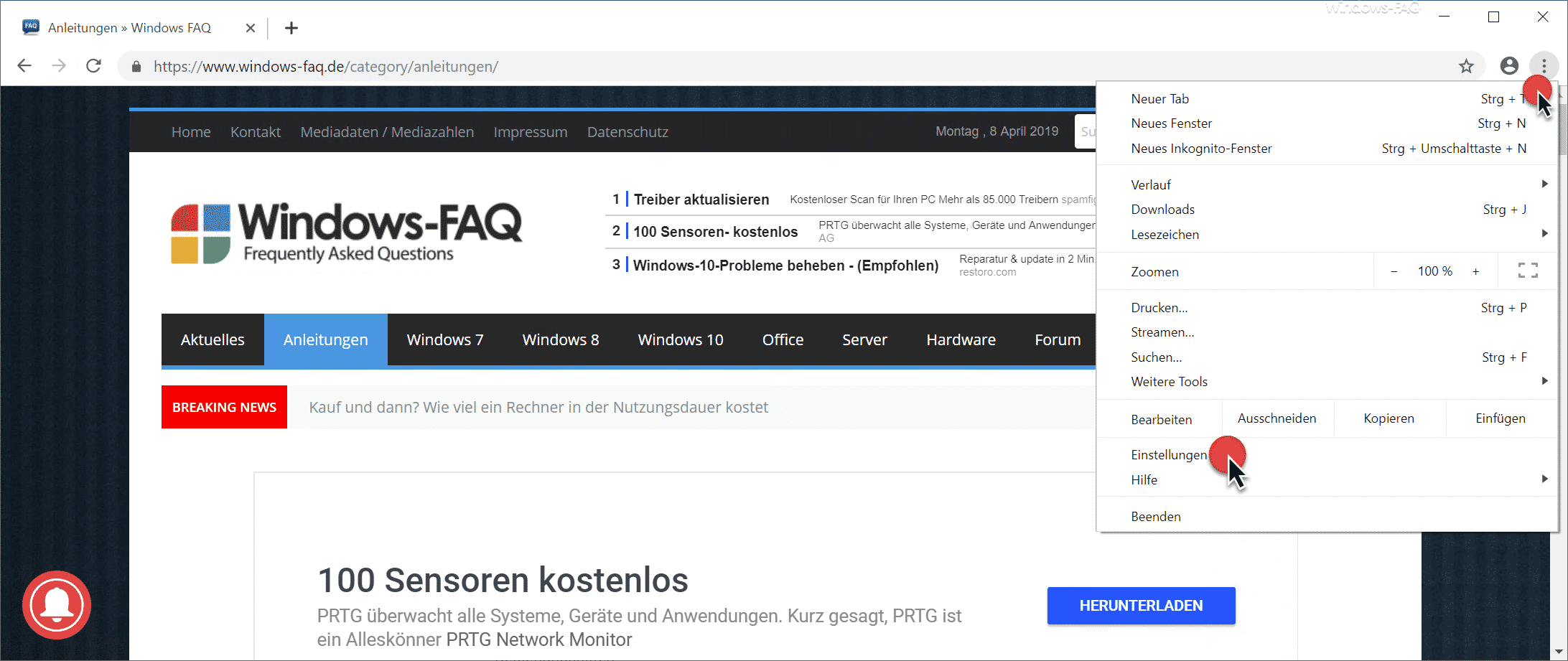 Google Chrome Einstellungen aufrufen