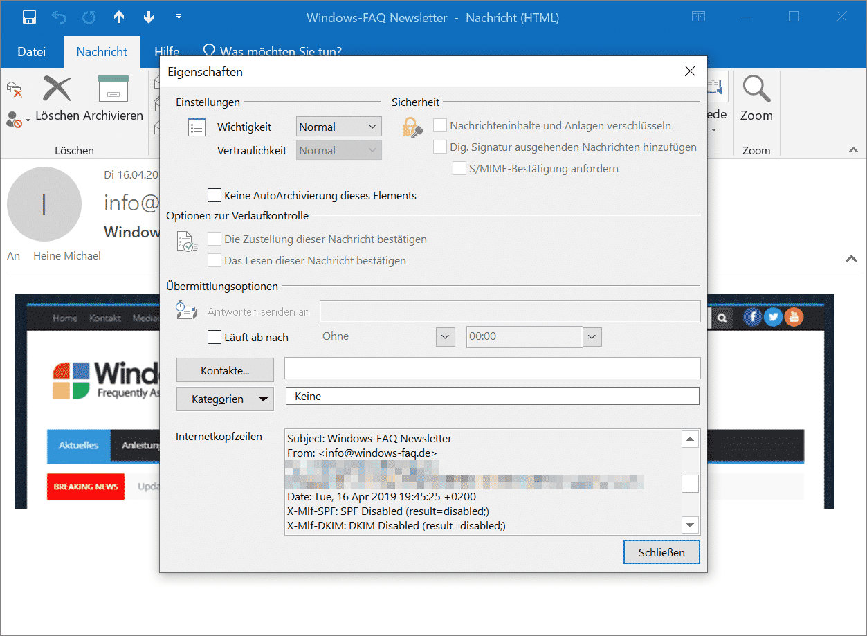 E-Mail Eigenschaften aufrufen bei Outlook 2016 / Office 365