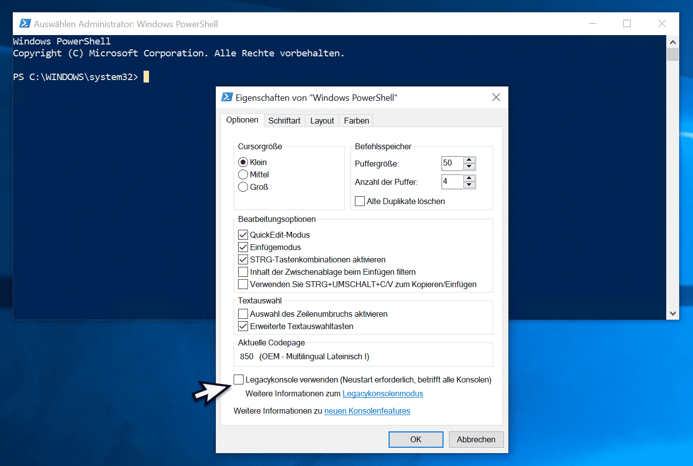 Legacykonsole deaktiviert PowerShell Konsole