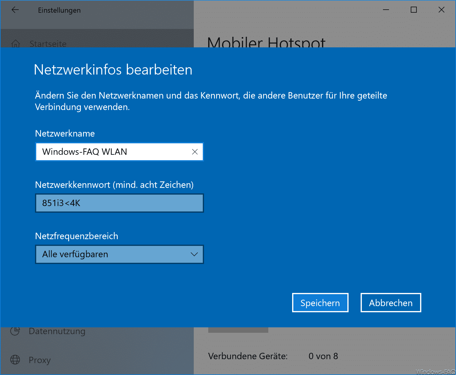 Mobiler Hotspot Netzwerkinfos bearbeiten