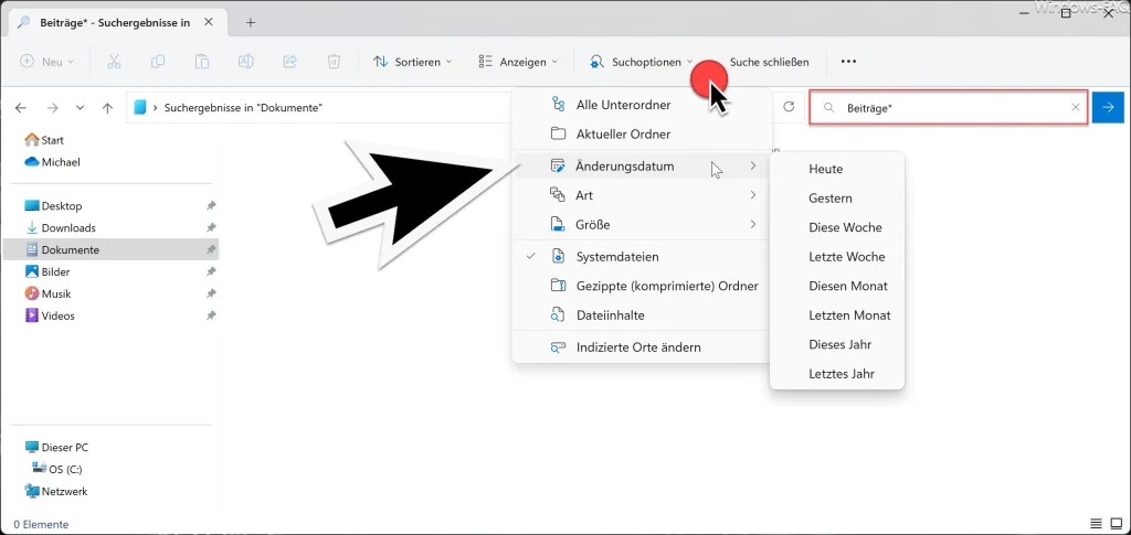 Windows 11 Suche im Explorer Suchoptionen