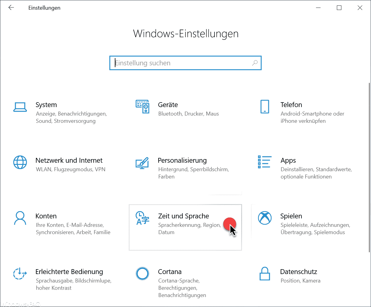 Zeit und Sprache, Spracherkennung, Region, Datum Windows 10